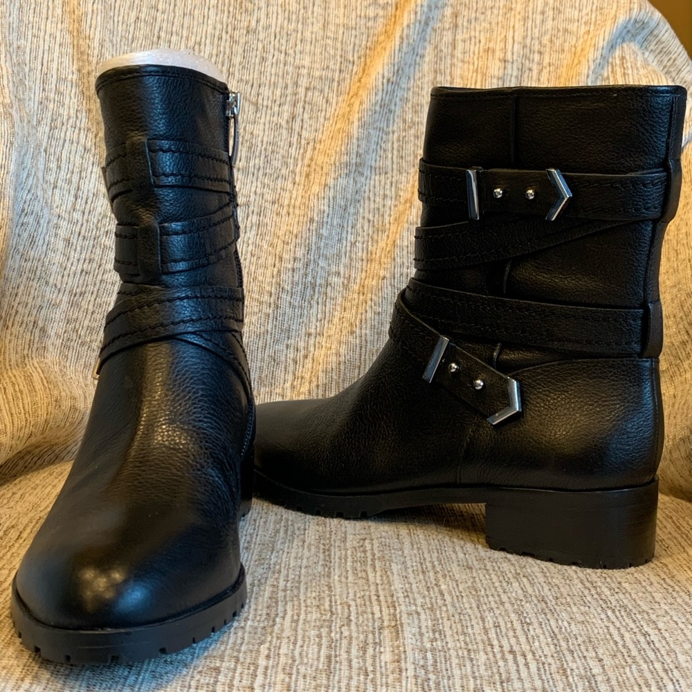 New Essex Lane Maycy Black Leather Ankle Boots/Booties w Side Buckles+Straps 8